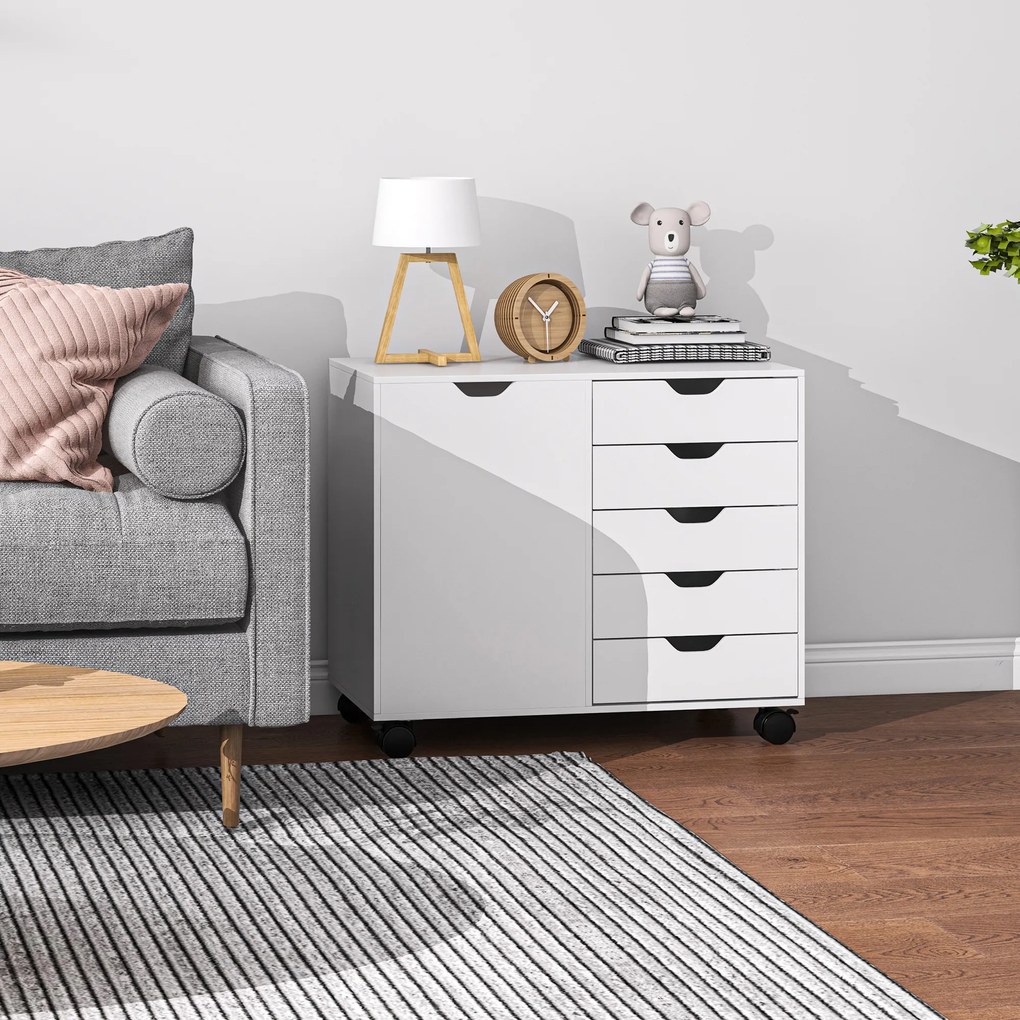 HOMCOM Dulap Lateral cu 5 Sertare, Dulap cu Raft Reglabil, Mobilier pentru Birou pe Roți, Suport pentru Imprimantă pentru Biroul de Acasă, Alb | Aosom Romania