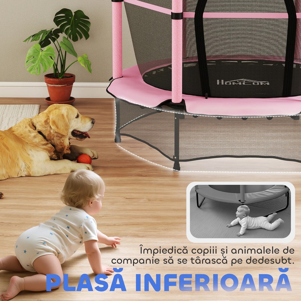HOMCOM Trambolină Elastică pentru Copii 3-10 Ani cu Plasă de Siguranță și Țevi Capitonate, Ø140x190 cm, Roz | Aosom Romania