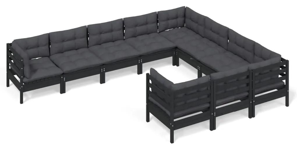 Set mobilier gradina cu perne, 10 piese, negru, lemn de pin Negru, 7