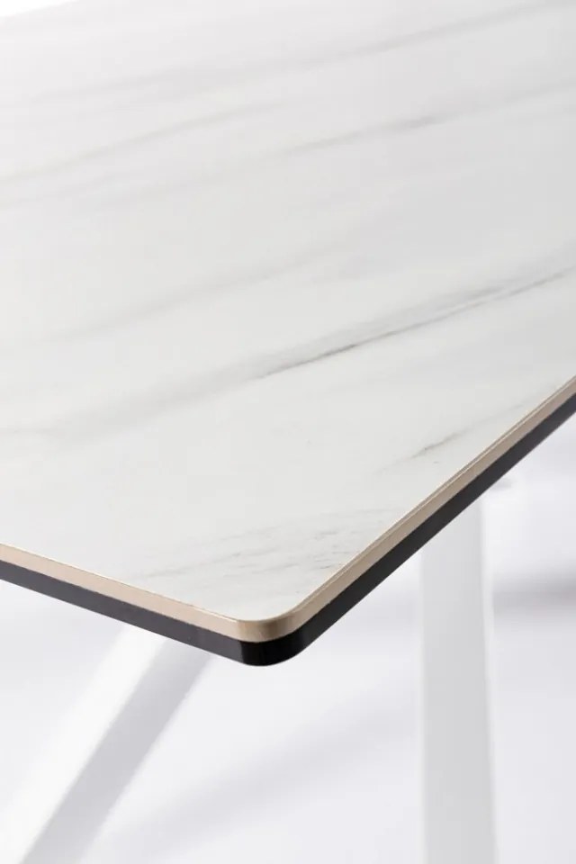 Masa dining pentru 8 persoane Carrara alb din ceramica si sticla temperata, 180 cm, Sean Bizzotto