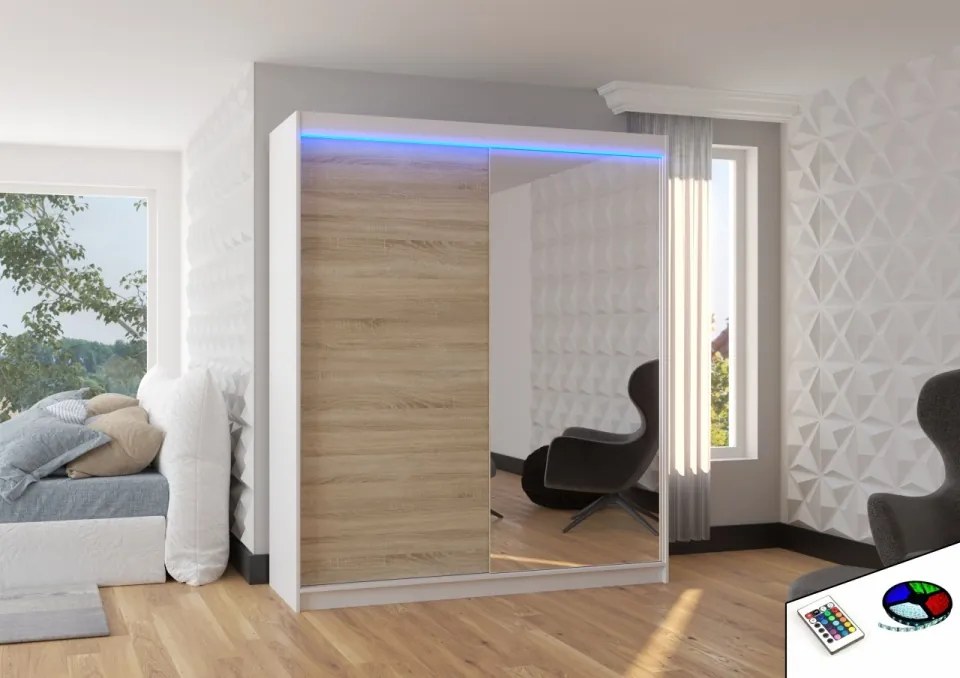 Dulap cu usi glisante si oglinda + iluminare LED, Viki 180 + LED, 180 cmx200 cmx58 cm, ADRK Furniture (Culoare: Alb / Negru)