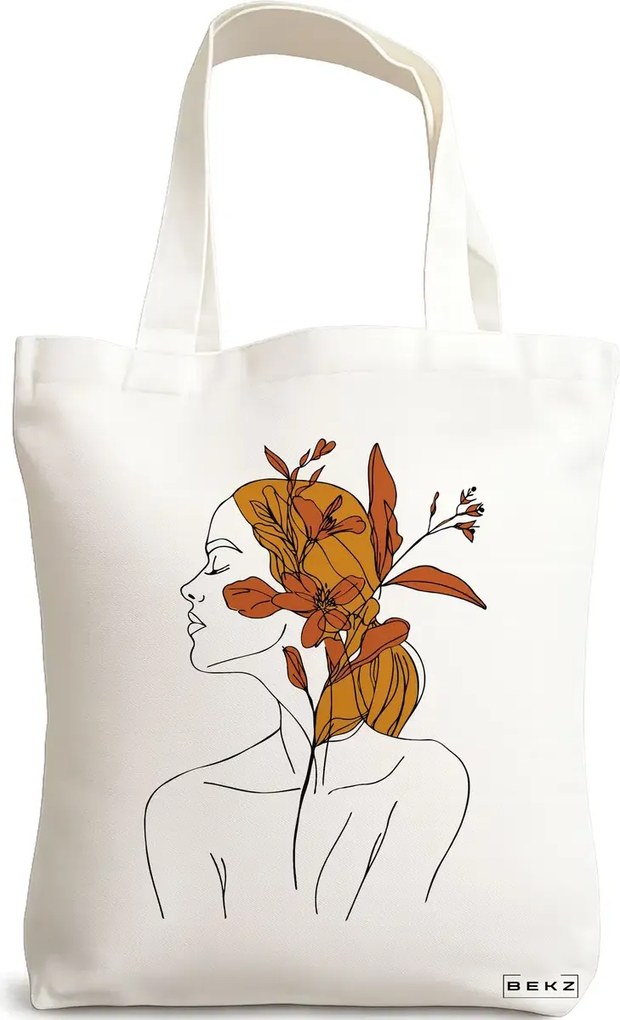 Sacosa de Panza pentru Cumparaturi, Geanta Tote, Flower Lady 17, 38x34.5 cm, Alba, BEKZ®