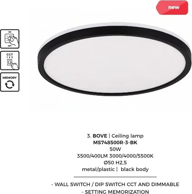 Plafoniera slim LED CCT BOVE negru 50cm