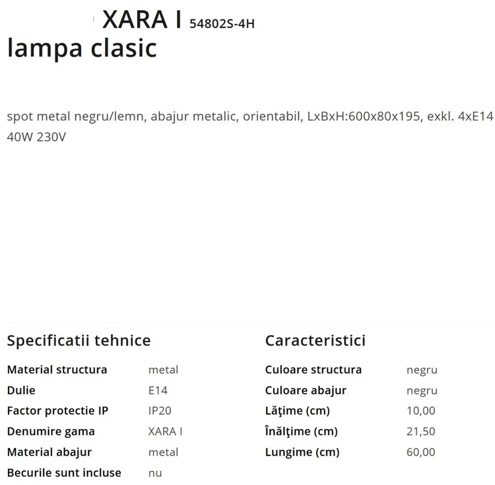 Plafoniera moderna cu 4 spoturi XARA I negru/lemn