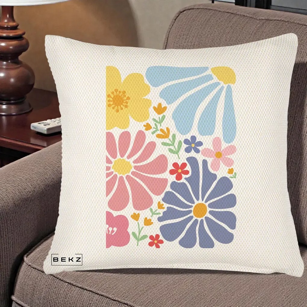Perna Decorativa Flori Grafice Pastel Multicolor, 40x40 cm, Crem Reliefat, Husa Detasabila, Perna Inclusa, BEKZ®