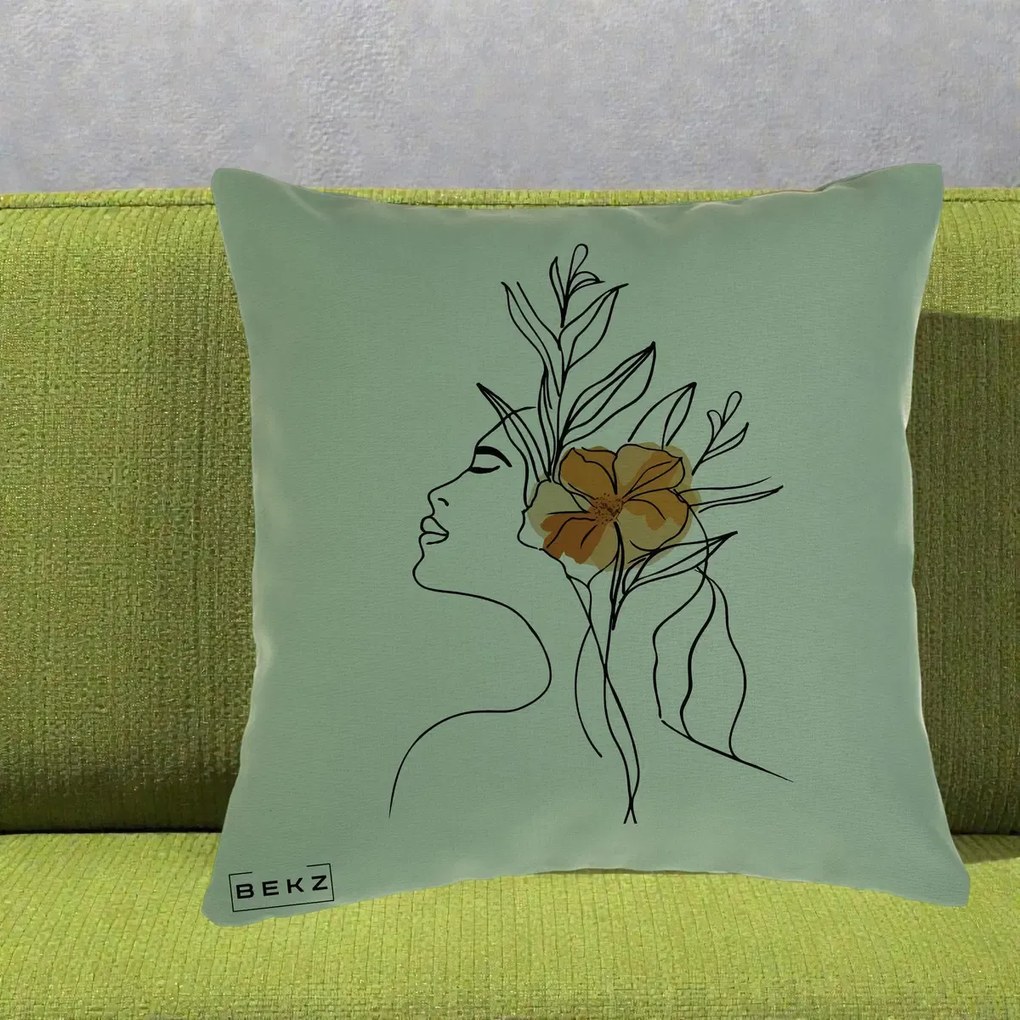 Perna Decorativa Portret Feminin Floare Portocalie Lateral, 40x40 cm, Verde, Husa Detasabila, Perna Inclusa, BEKZ®