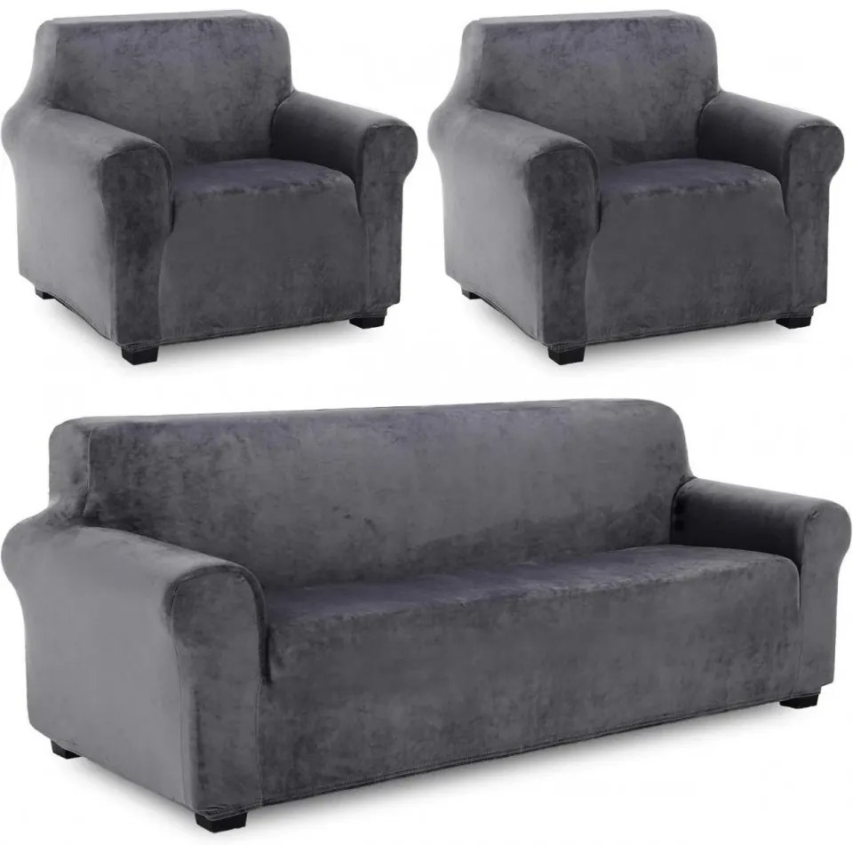 Set Huse Elastice din Catifea pentru Canapea 3 Locuri + 2 Fotolii, cu Brate, Gri, HCCJS-02