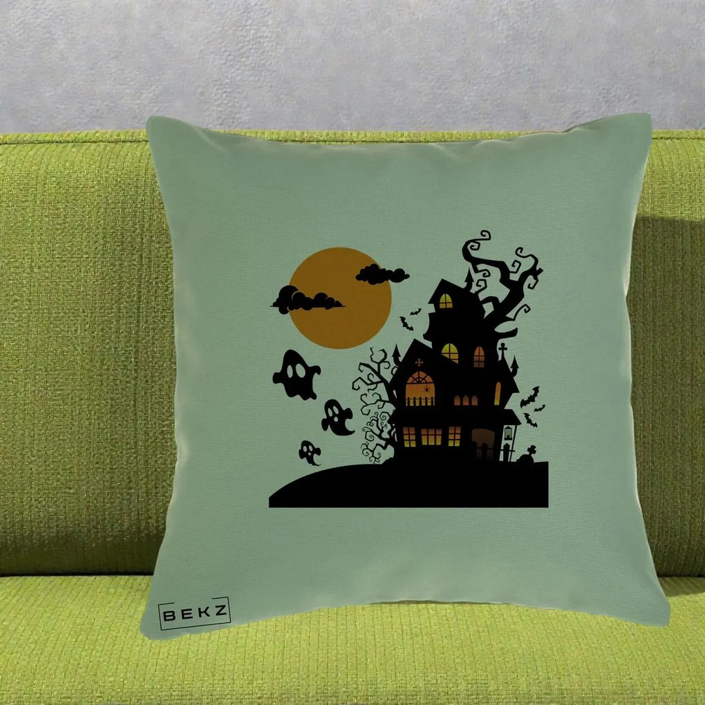 Perna Decorativa Halloween Casa Bantuita cu Fantome, 40x40 cm, Verde, Husa Detasabila, Perna Inclusa, BEKZ®