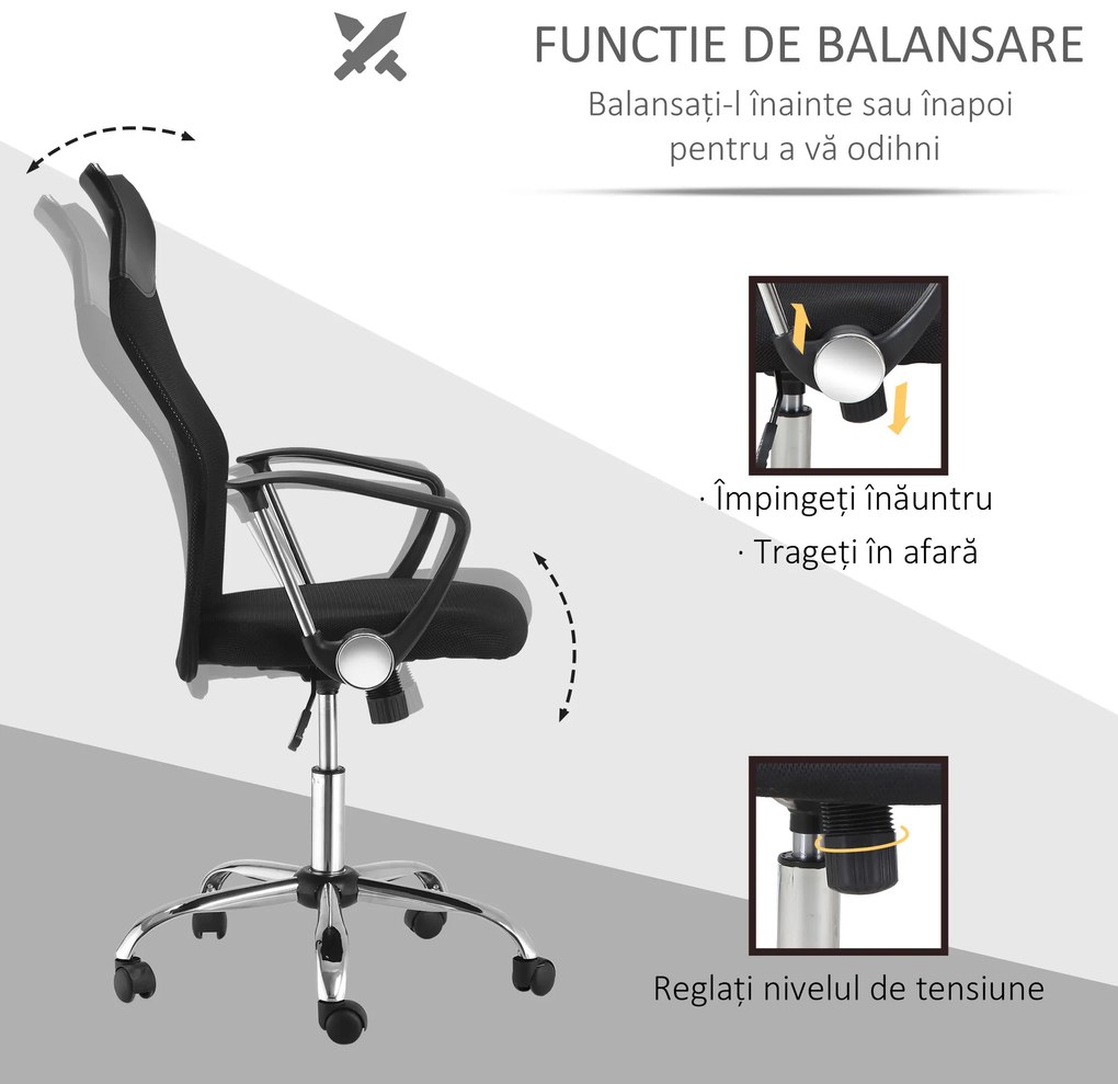 Scaun ergonomic de birou, insertie plasa, negru HOMCOM | Aosom Romania