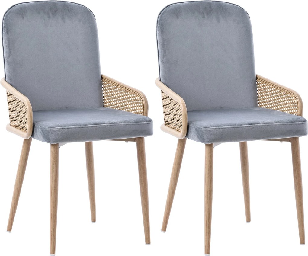 Set de 2 scaune moderne tapițate în ratan și material cu efect de catifea, Gri