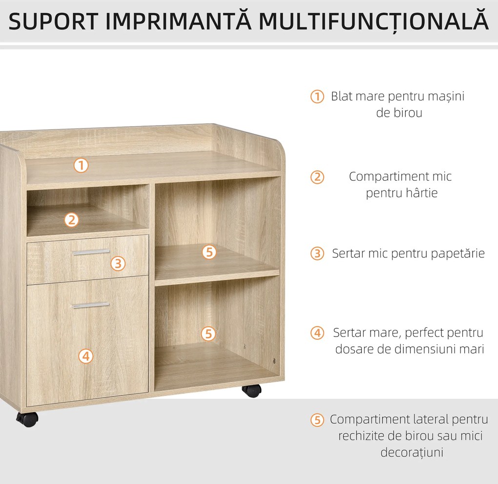 Vinsetto Suport Imprimantă Mobil, Mobilă Birou Multifuncțională, 4 Roți, Stejar, 80x40x72cm | Aosom Romania