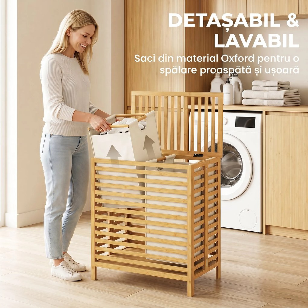 HOMCOM Coș de Rufe din Bambus 64L cu Capac, 2 Saci din Material Oxford Detașabili și Lavabili, Culoare Lemn | Aosom Romania