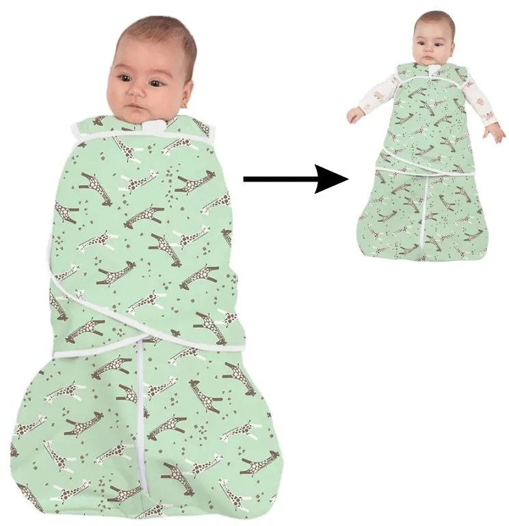 Sac de dormit bebelusi cu sistem de infasare din bumbac flausat Kidizi Giraffe, 0-6 luni, 1 tog