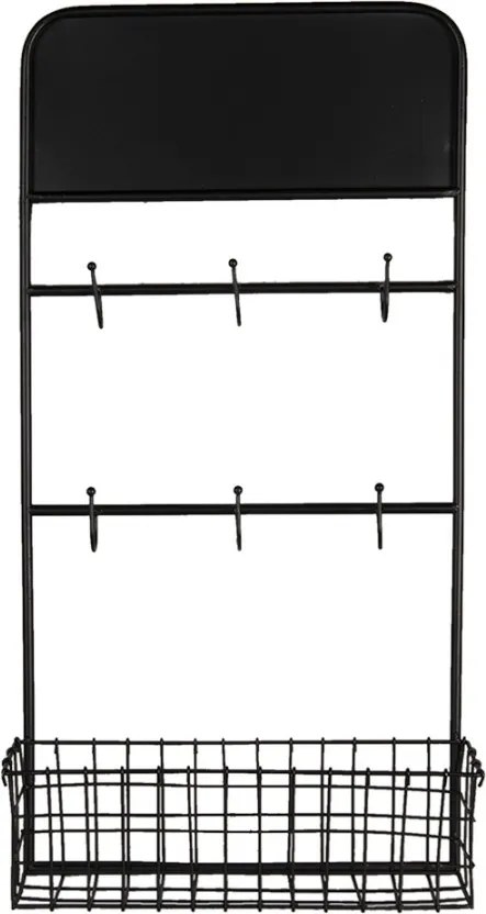 Etajeră cu cuier de perete, din metal, negru, cu 6 agățători și coș din sârmă, 75 x 39 x 12 cm, „Virelle”