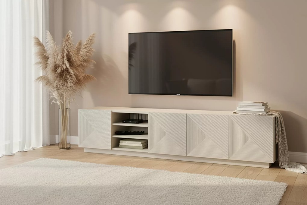 Comodă TV Asha 200 cm cu partea frontală canelat și nișă – bej cashmere