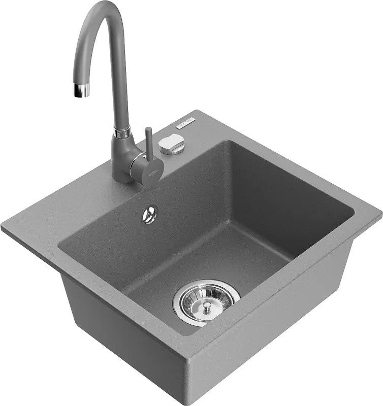 Mexen Milo chiuvetă de granit cu 1 cuvă și baterie de bucătărie Telma, gri - 6505-71-670200-71