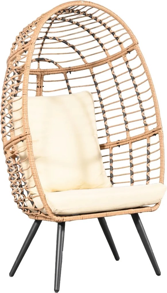 Scaun tip ou din ratan pentru grădină sau terasă, cu pernă groasă, material impermeabil, 74x83x146 cm, Alb/Bej