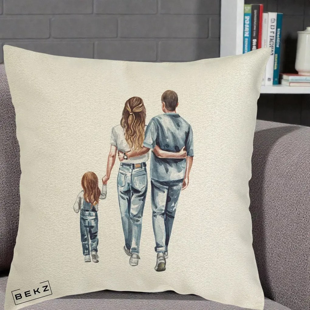 Cadou pentru Familie - Perna Personalizata Familie Acuarela Jeans, 40x40 cm, Ecru, Husa Detasabila, Perna Inclusa, BEKZ®