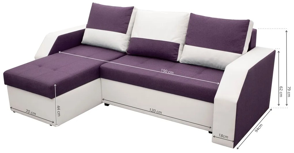 Coltar extensibil Madrid, 226x145x79 cm, 2 lazi depozitare, Reversibil, Alb/ Mov
