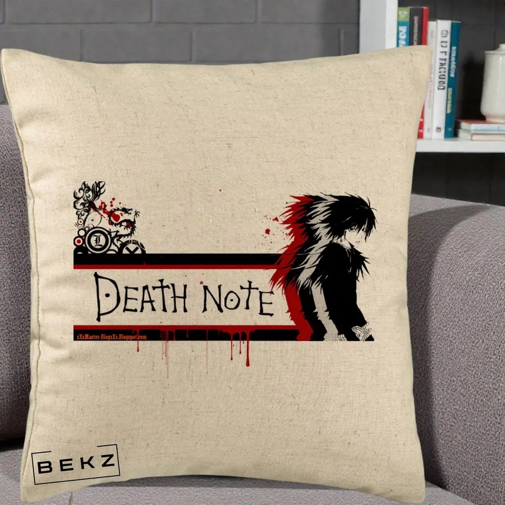 Perna Personalizata Death Note L Lawliet Rosu-Negru, 40x40 cm, Bej, Husa Detasabila, Perna Inclusa, BEKZ®