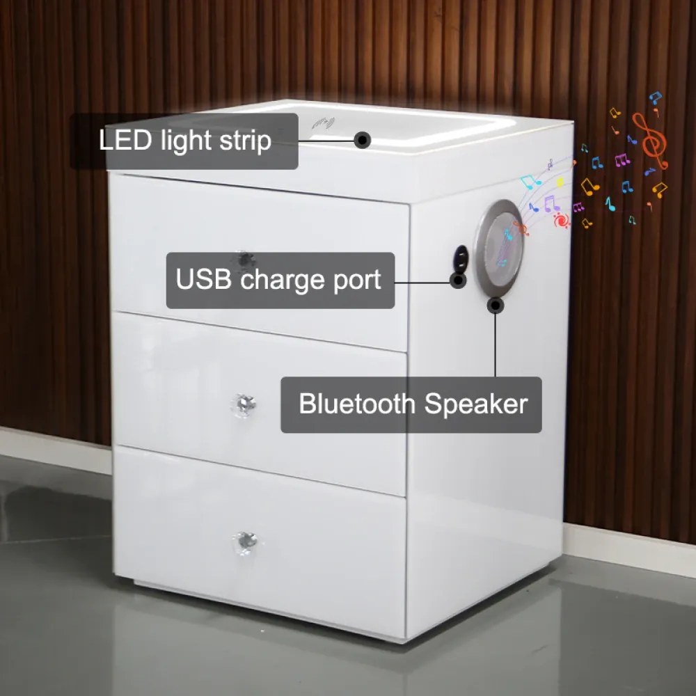 Noptieră inteligentă multifuncțională, din sticla tip oglindă, 3 sertare, LED-uri tactile, 3 tipuri de culoare, încărcare fără fir si USB, Difuzor Bluetooth, sticla securizata, 40x40x60 cm, Alb