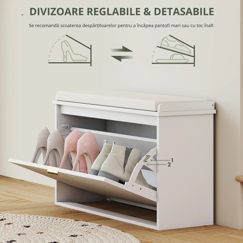 HOMCOM Bancă pentru Pantofi cu Raft Interior Reglabil și Detașabil, 80x26x47.5 cm, Alb și Bej | Aosom Romania