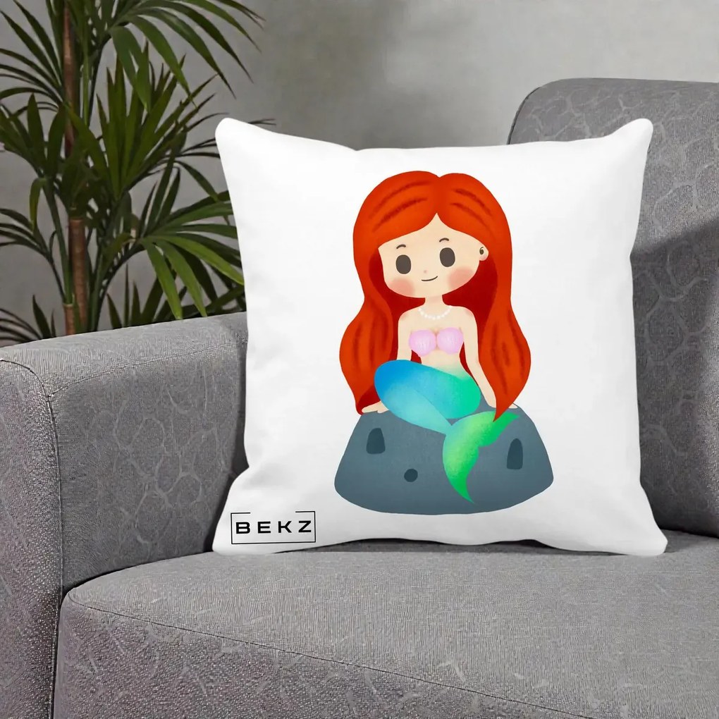 Perna Personalizata Sirena Kawaii Roscat, 40x40 cm, Alba Mata, Husa Detasabila, Perna Inclusa, BEKZ®