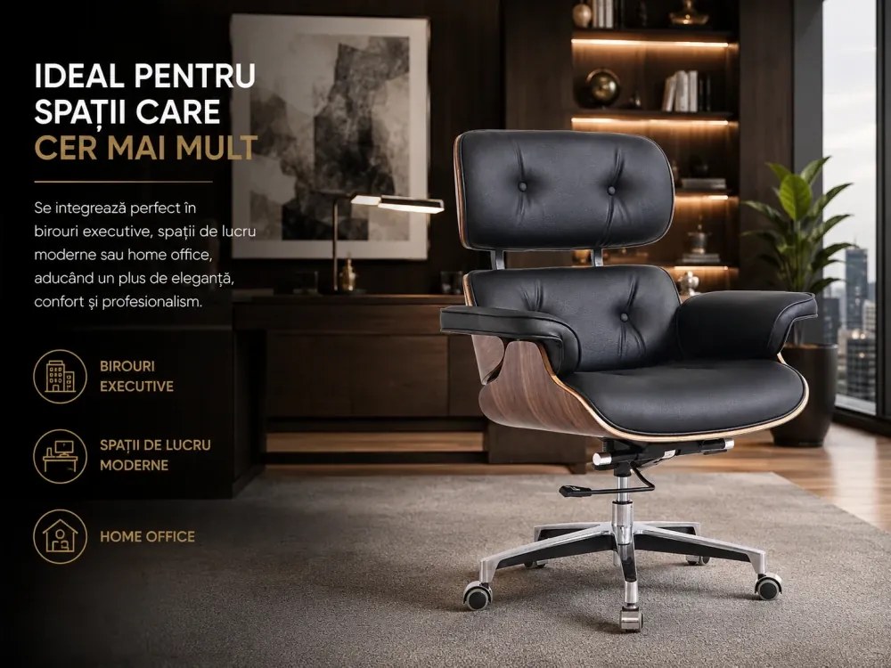 EXECUTIVE PRESTIGE – Scaun Directorial Ergonomic Premium, cu Piele PU, Furnir din Lemn Nuc, Bază din Aluminiu, Reglaj pe Înălțime și Funcție de Înclinare, Negru