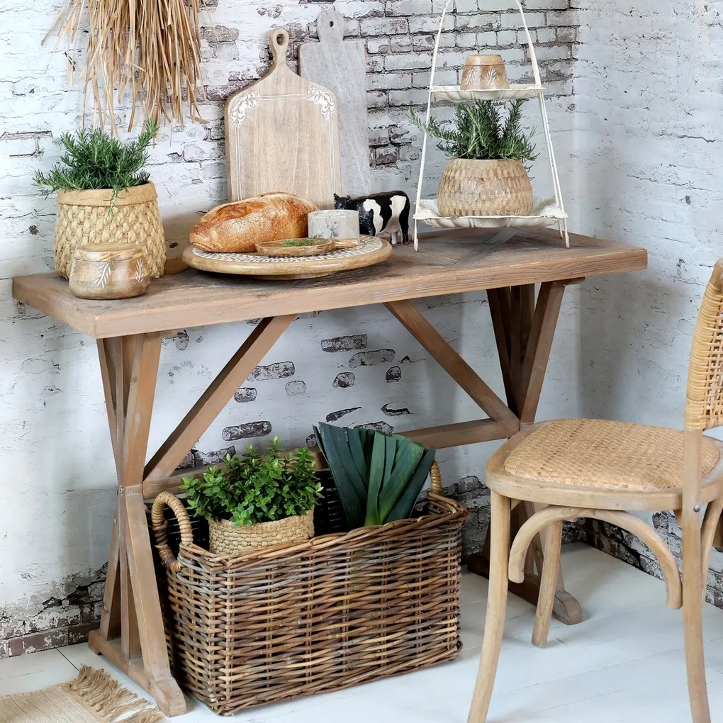 Masă dining îngustă din lemn reciclat, natur, 2–4 locuri, cu bază în formă de capră, 77 x 117 x 46 cm, „Old French”
