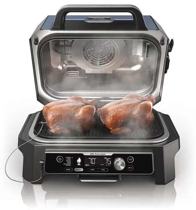 Gratar electric Ninja OG901EU, SMART, 1700W, 7 programe, 45x29 cm, 260C, Ceramica Plocha, Tehnologie Woodfire, IPX4, Negru/Albastru