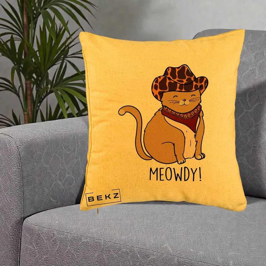 Perna Decorativa Pisica Cowboy Meowdy, 40x40 cm, Galben, Husa Detasabila, Perna Inclusa, BEKZ®