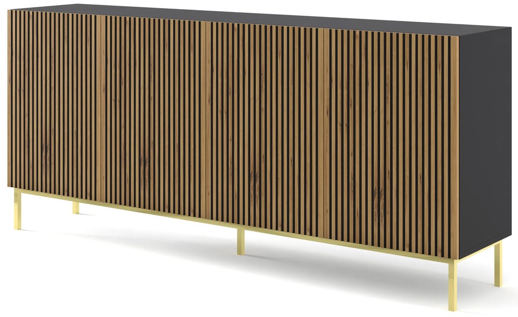 Comodă F 3D3S 200 Rowanna (Negru + Stejar artisan + Auriu). 1125072