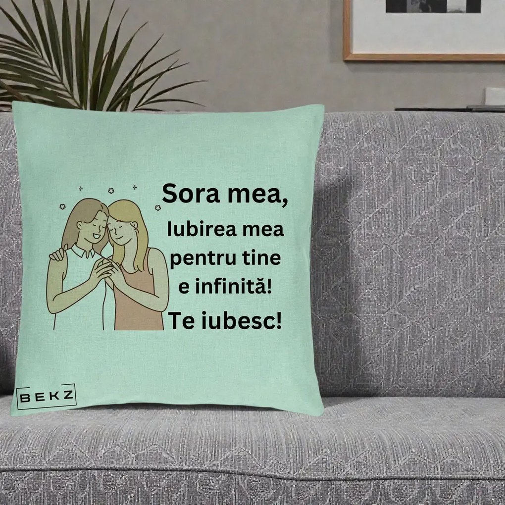 Cadou pentru Sora - Perna Personalizata Sora Mea Te Iubesc Imbratisare cu Sclipiri, 40x40 cm, Verde Menta, Husa Detasabila, Perna Inclusa, BEKZ®