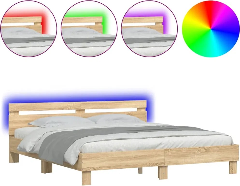 vidaXL Cadru de pat cu tăblie și LED, stejar sonoma, 160x200 cm