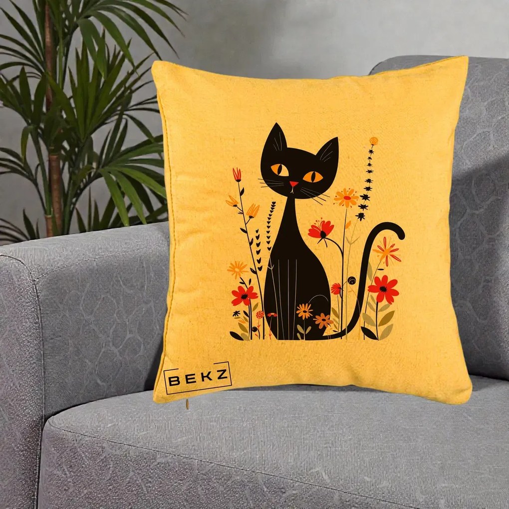 Perna Decorativa Pisica Neagra Ochi Galbeni Flori, 40x40 cm, Galben, Husa Detasabila, Perna Inclusa, BEKZ®