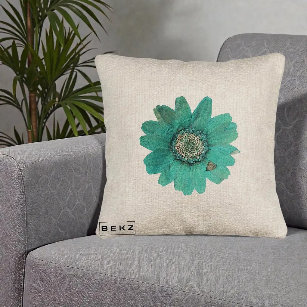 Perna Decorativa Floare Gerbera Teal Acuarela, 40x40 cm, Bej Canapea, Husa Detasabila, Perna Inclusa, BEKZ®