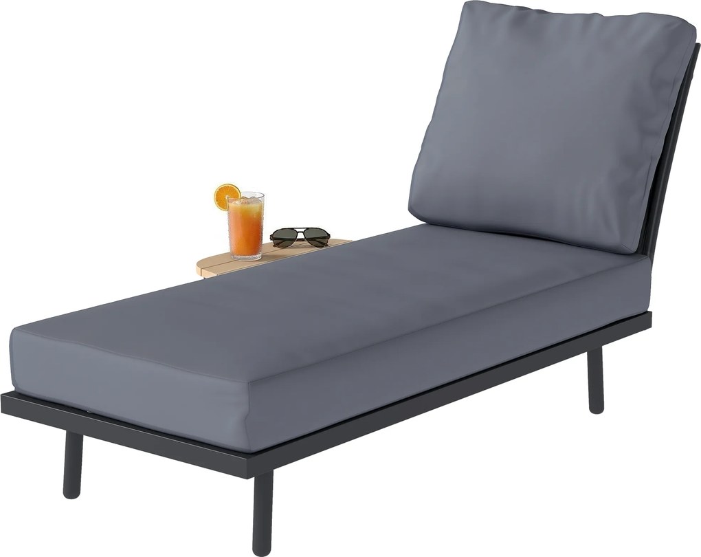 Outsunny Șezlong de grădină cu perne lavabile din olefină și raft lateral, cadru metalic, 58x137x75cm, gri | Aosom Romania