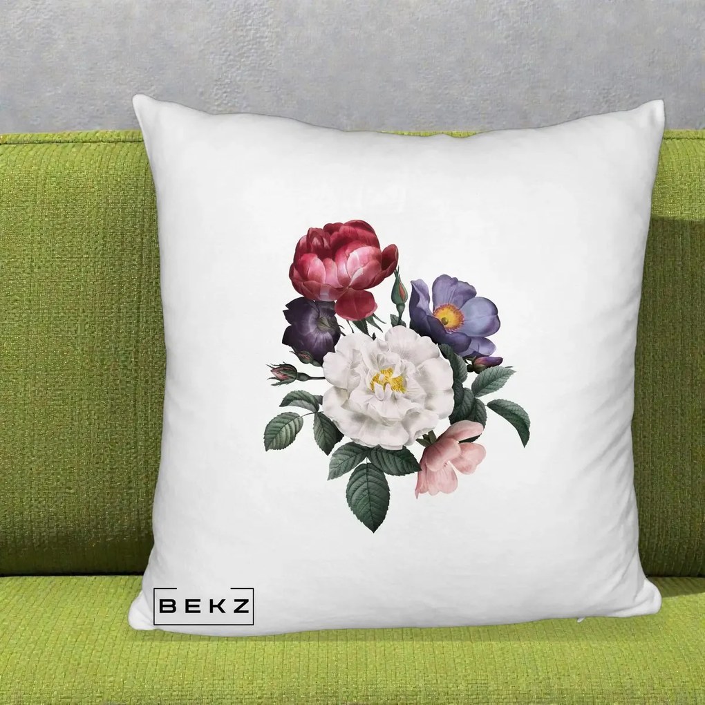 Perna Decorativa Buchet Trandafiri Bujori Botanical, 40x40 cm, Alb Pufos, Husa Detasabila, Perna Inclusa, BEKZ®