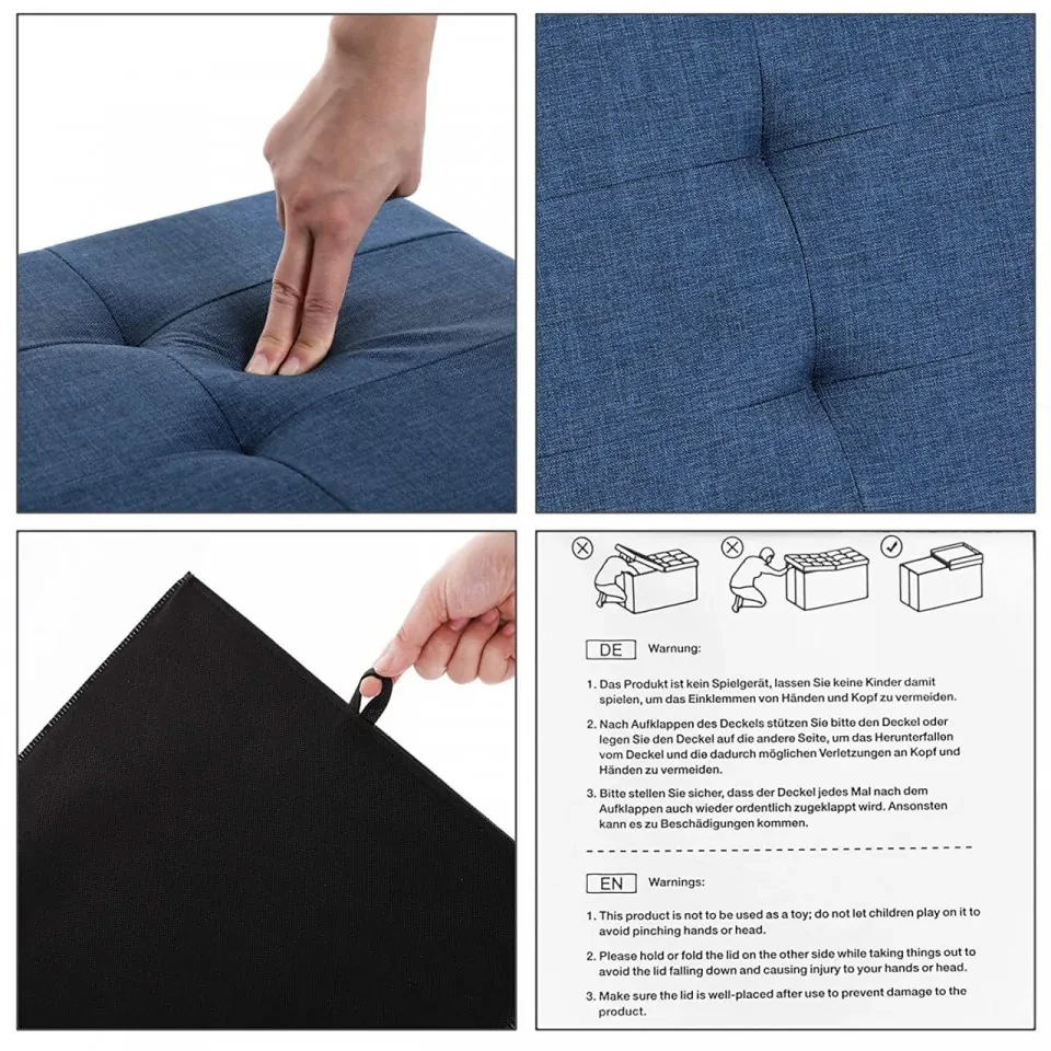 Bancheta cu spatiu depozitare, textil / MDF, albastru marin, Songmics