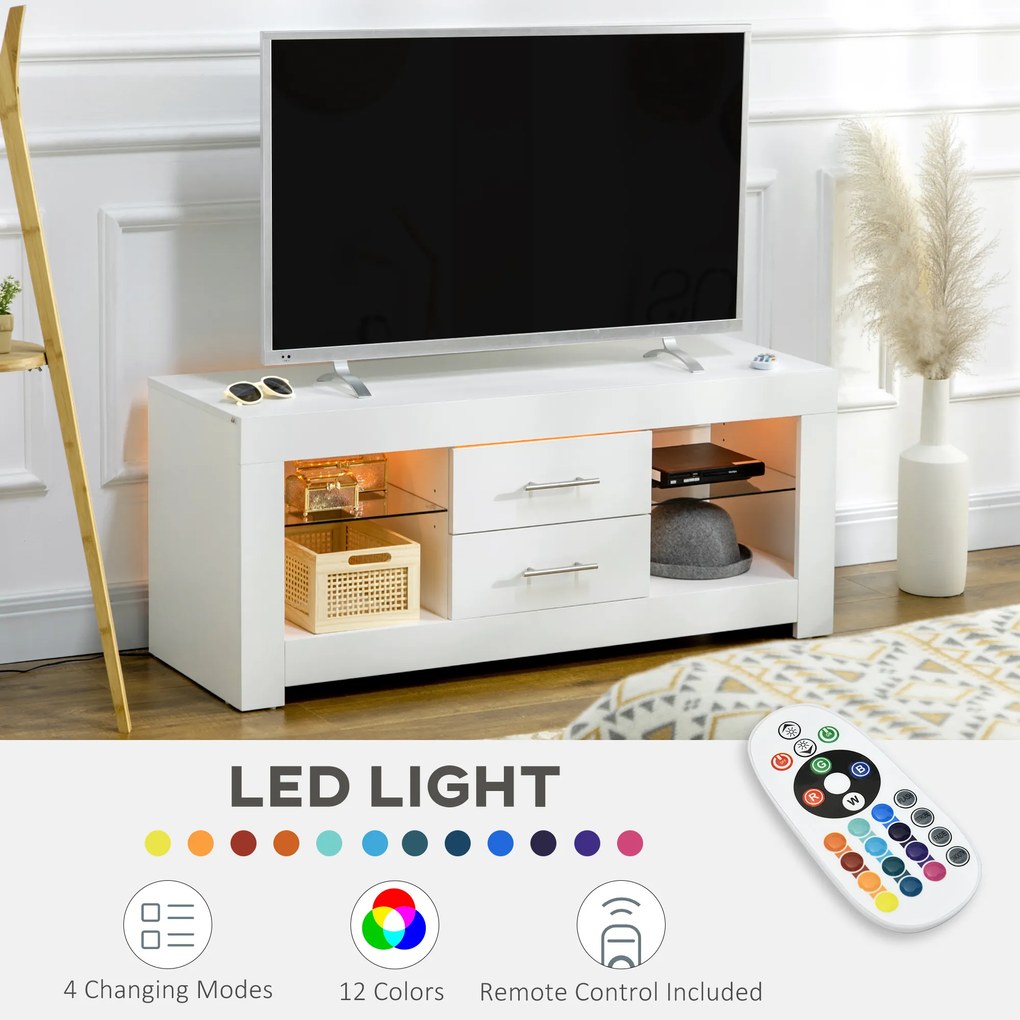 HOMCOM Comodă TV Modernă 55" cu LED RGB (12 Culori), Telecomandă Inclusă, Lemn cu Etajere din Sticlă, Dimensiune 120x40x50cm, Alb | Aosom Romania