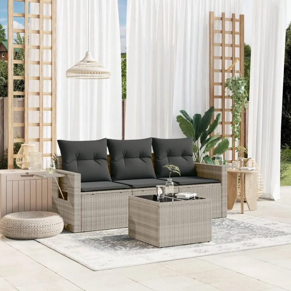 vidaXL Set canapea de grădină cu perne, 4 piese, gri deschis poliratan