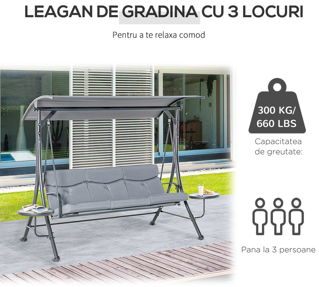 Outsunny Balansoar cu 3 scaune de gradina sau balcon cu acoperis si 2 mese de cafea | Aosom Romania