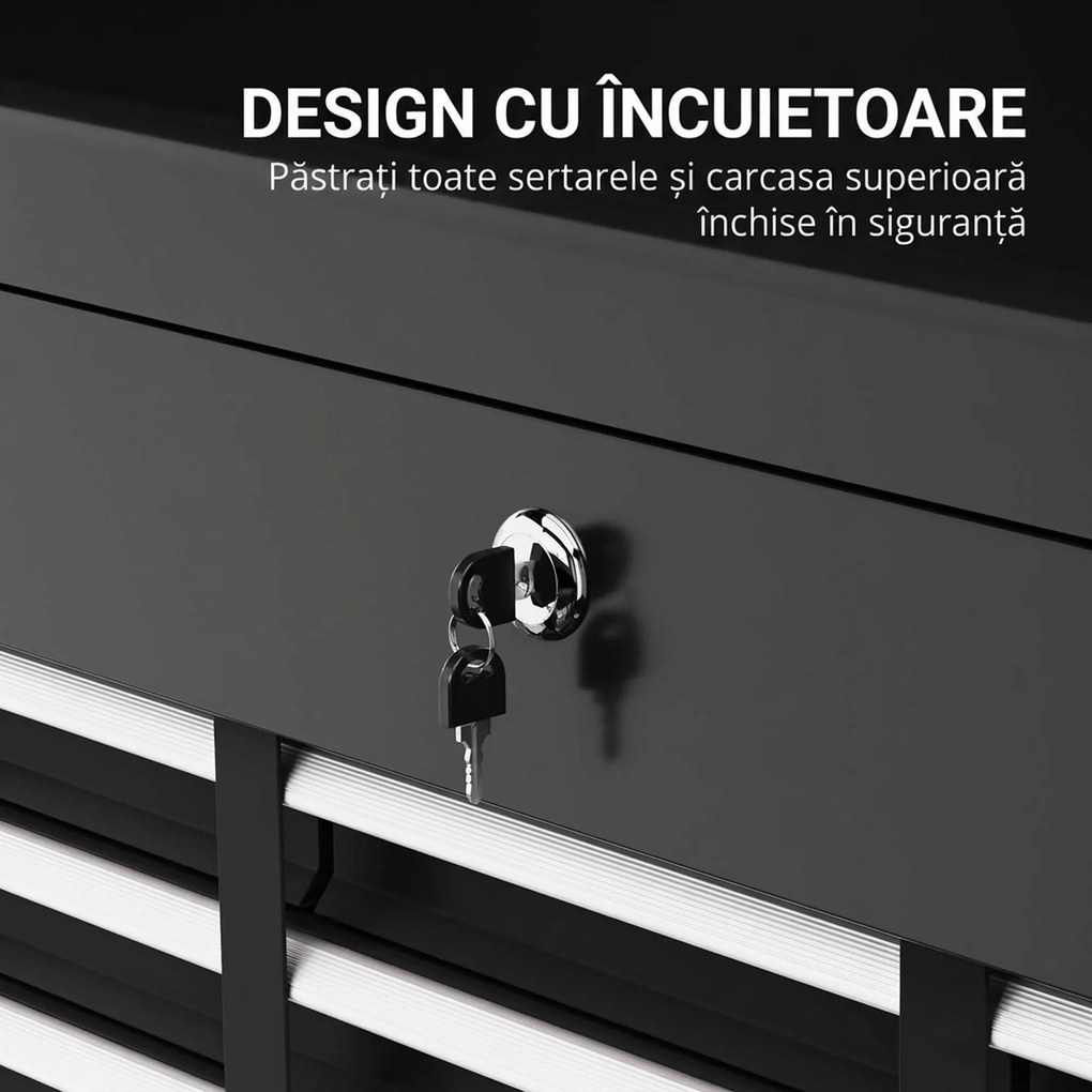 HOMCOM Comodă pentru Scule Portabilă, Cutie Metalică cu Carcasă Superioară și Glisiere pe Rulmenți cu Bile, 60x26x34 cm, Negru | Aosom Romania