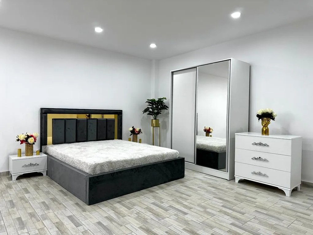 Dormitor complet Napoli, culoare gri / alb, cu pat Napoli 160 x 200 cm, dressing Erika 150 cm, 2 noptiere si comoda Viena