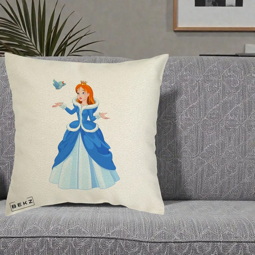 Perna Personalizata Printesa Albastra cu Pasare, 40x40 cm, Ecru, Husa Detasabila, Perna Inclusa, BEKZ®