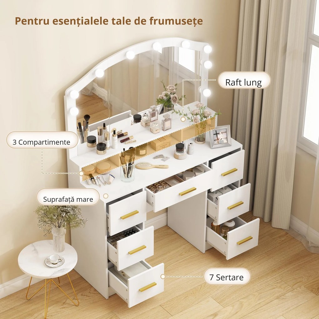 HOMCOM Masuta de Toaleta 3-in-1 cu Oglinda, Masuta de Noapte, Scaun cu Rotile, Sertare, Alb | Aosom Romania
