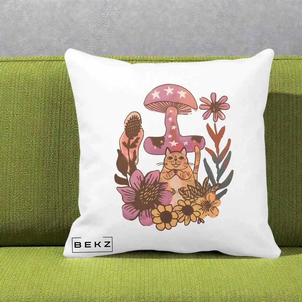 Perna Decorativa Ciuperca Pisica Boho, 40x40 cm, Alba Mata, Husa Detasabila, Perna Inclusa, BEKZ®