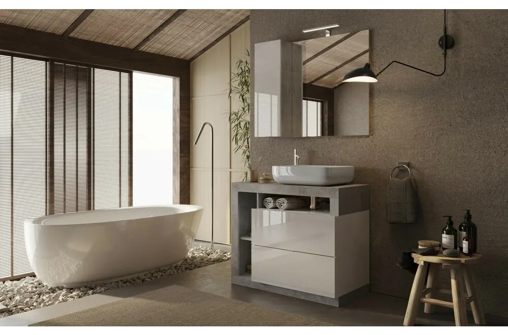 Set dulap baza pe pardoseala si lavoar LC Mobili Italia Hamburg 92 cm finisaj alb/gri beton