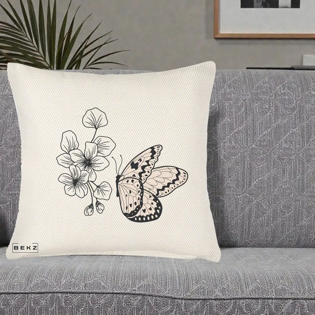 Perna Decorativa Fluture si Flori Linie Monocroma, 40x40 cm, Crem Reliefat, Husa Detasabila, Perna Inclusa, BEKZ®