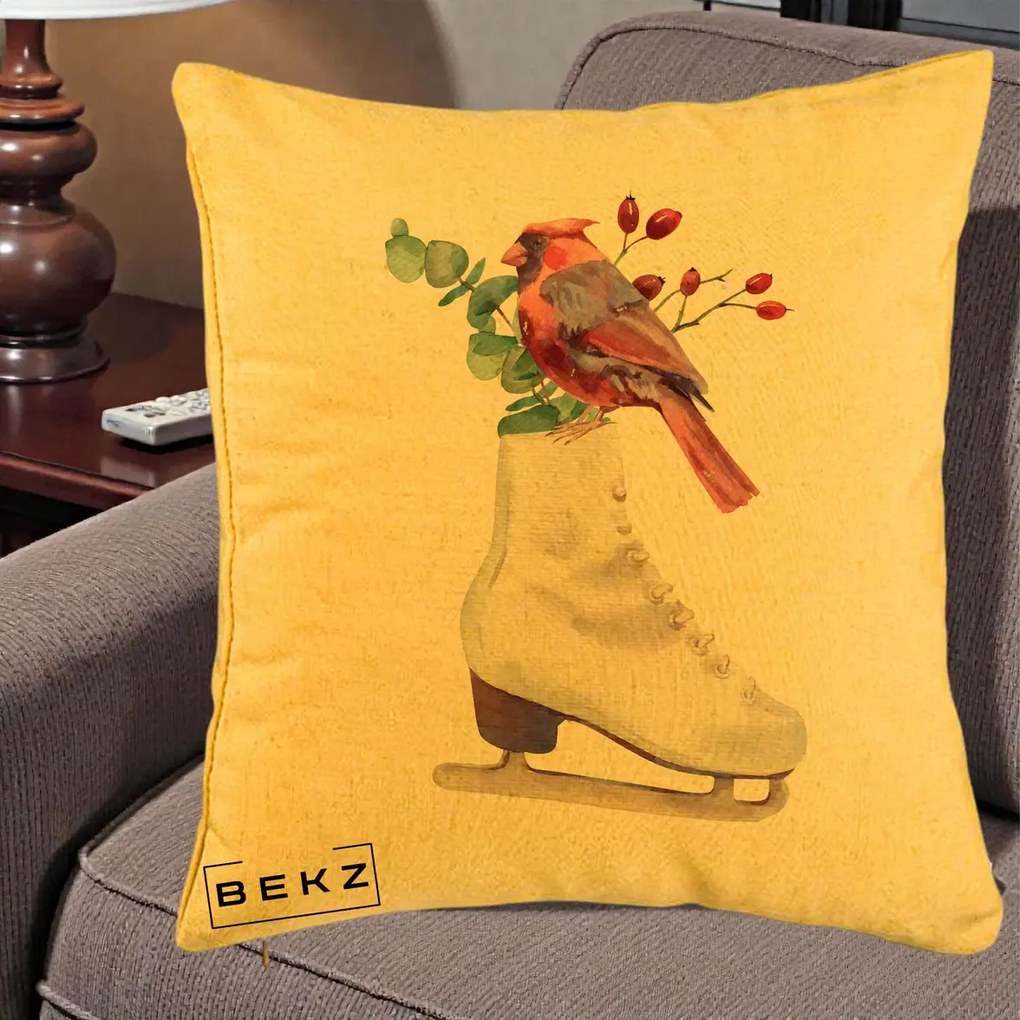 Perna Decorativa Cardinal Rosu pe Patina de Gheata, 40x40 cm, Galben, Husa Detasabila, Perna Inclusa, BEKZ®